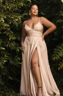 Cinderella Divine Plus Size Nude Ruched Satin Mystique Prom Gown