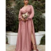 Cinderella Divine Plus Size Rose Gold Satin Blouson Sleeve Evening Gown