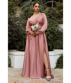 Cinderella Divine Plus Size Rose Gold Satin Blouson Sleeve Evening Gown