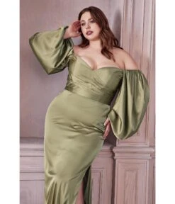 Cinderella Divine Plus Size Sage Satin Long Sleeve Bridesmaid Dress