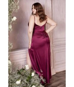 Cinderella Divine Plus Size Sangria Satin Illusion Neck Homecoming Gown