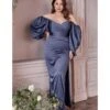Cinderella Divine Plus Size Smoky Blue Satin Long Sleeve Bridesmaid Dress