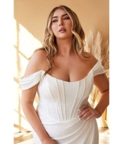 Cinderella Divine Plus Size White Off The Shoulder Corset Satin Bridal Gown -New Dress Store plus size white off the shoulder corset satin bridal gown 126209