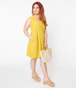 Plus Size Yellow Scallop Shift Dress -New Dress Store plus size yellow scallop shift dress 149832