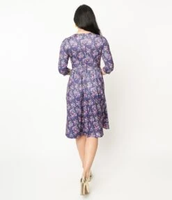 Purple Dragonfly Floral Print Fit & Flare Billie Dress -New Dress Store purple dragonfly floral print fit flare billie dress 430991