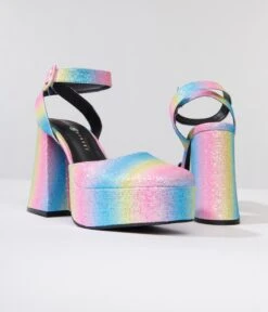 Rainbow Glitter Chunky Platform Heels -New Dress Store rainbow glitter chunky platform heels 210093