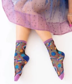 Rainbow Pop Art Planets Black Sheer Crew Socks -New Dress Store rainbow pop art planets black sheer crew socks 220112