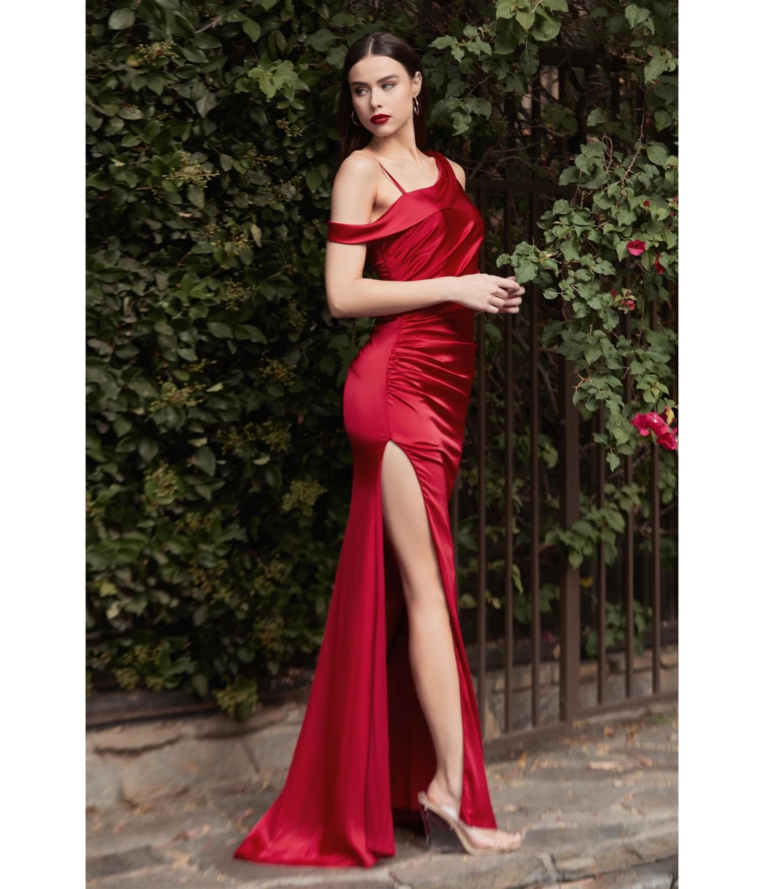 Cinderella Divine Red Asymmetrical Shoulder Satin Bridesmaid Dress 1 Cinderella Divine Red Asymmetrical Shoulder Satin Bridesmaid Dress
