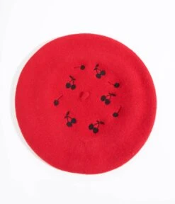 Red & Black Cherry Embroidered Beret -New Dress Store red black cherry embroidered beret 468696