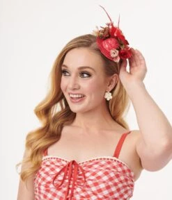 Red Mini Floral Woven Hat Fascinator