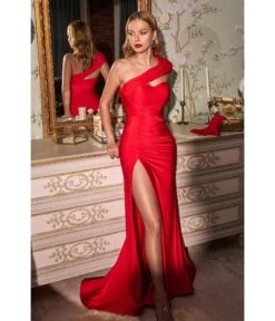 Cinderella Divine Red One Shoulder Bridesmaid Trumpet Gown With Gloves