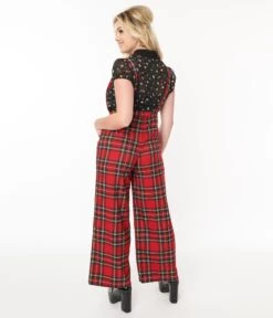 Red Plaid Wide Leg Overalls -New Dress Store red plaid wide leg overalls 541294