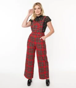 Red Plaid Wide Leg Overalls