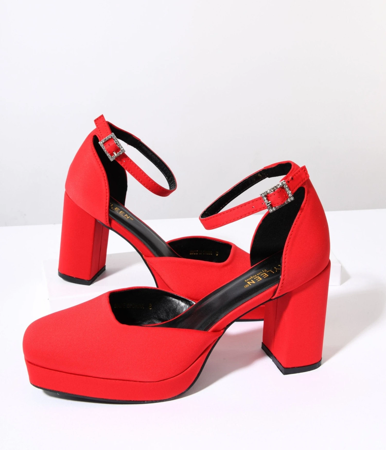 Red Satin & Rhinestone Buckle Pumps 1 Red Satin & Rhinestone Buckle Pumps
