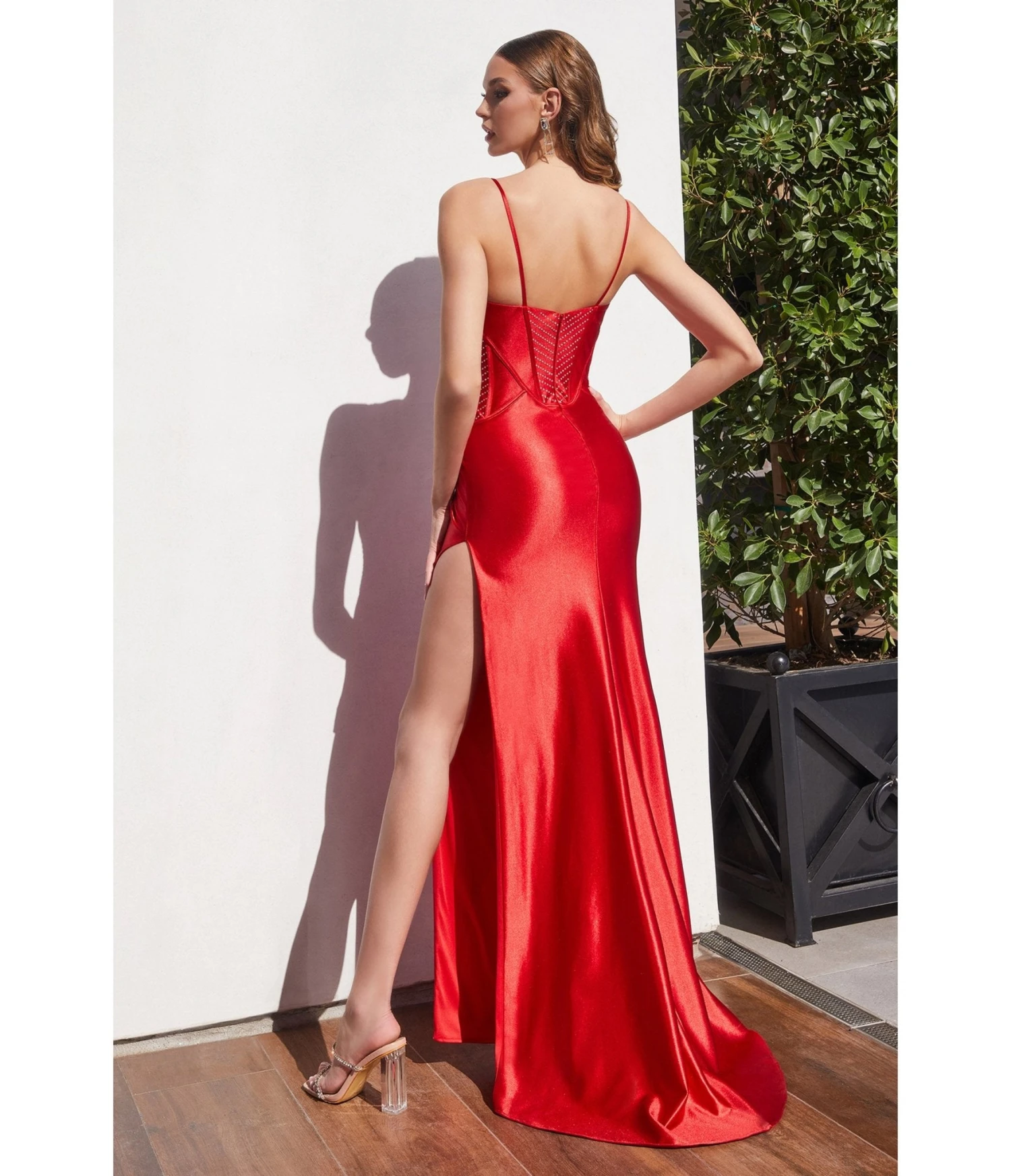 Cinderella Divine Red Satin Sleeveless Beaded Corset Prom Dress 2 Cinderella Divine Red Satin Sleeveless Beaded Corset Prom Dress - Image 2