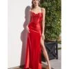 Cinderella Divine Red Satin Sleeveless Beaded Corset Prom Dress