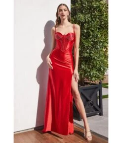 Cinderella Divine Red Satin Sleeveless Beaded Corset Prom Dress