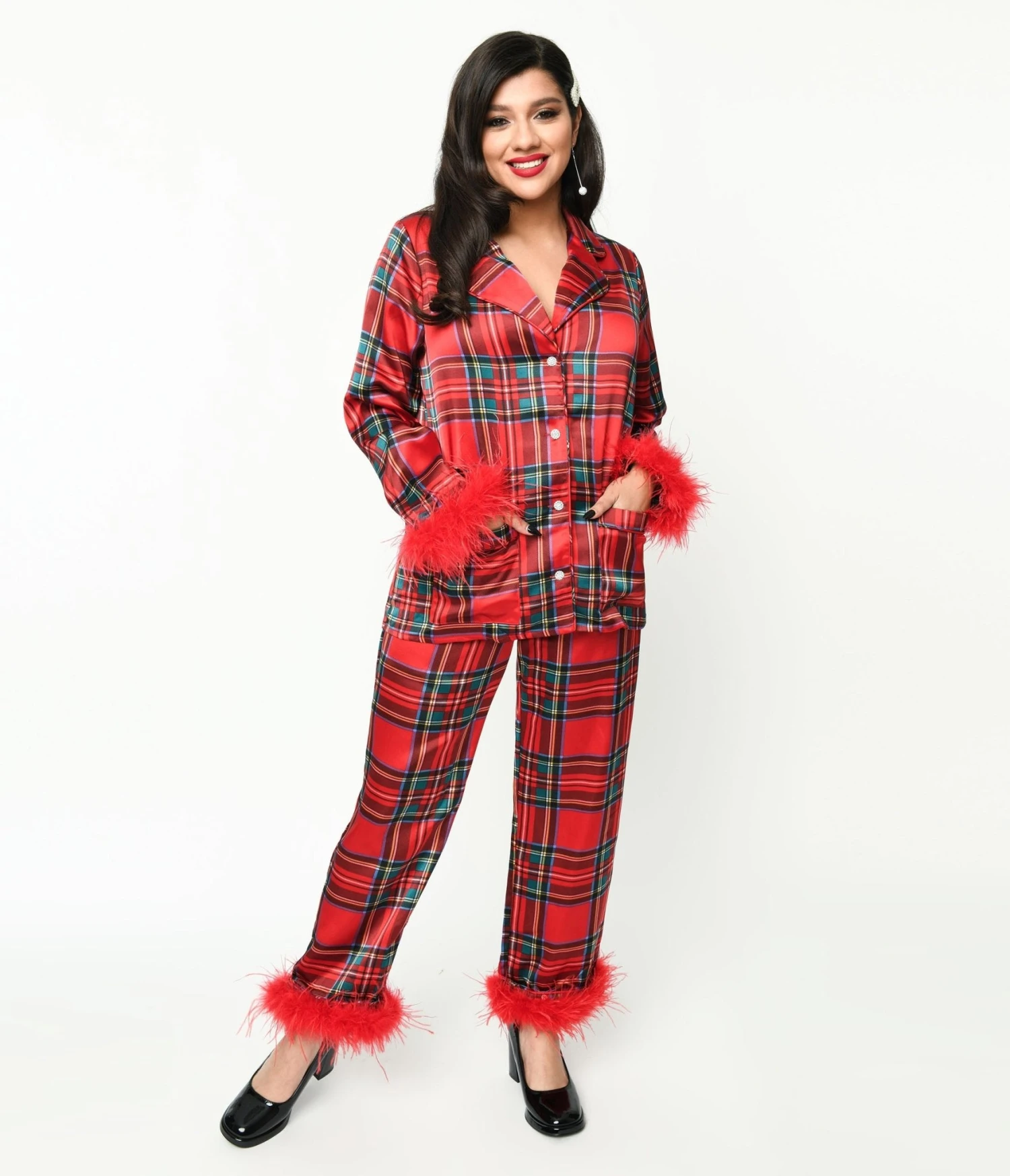 Red Tartan & Feather Trim Pajama Set 1 Red Tartan & Feather Trim Pajama Set