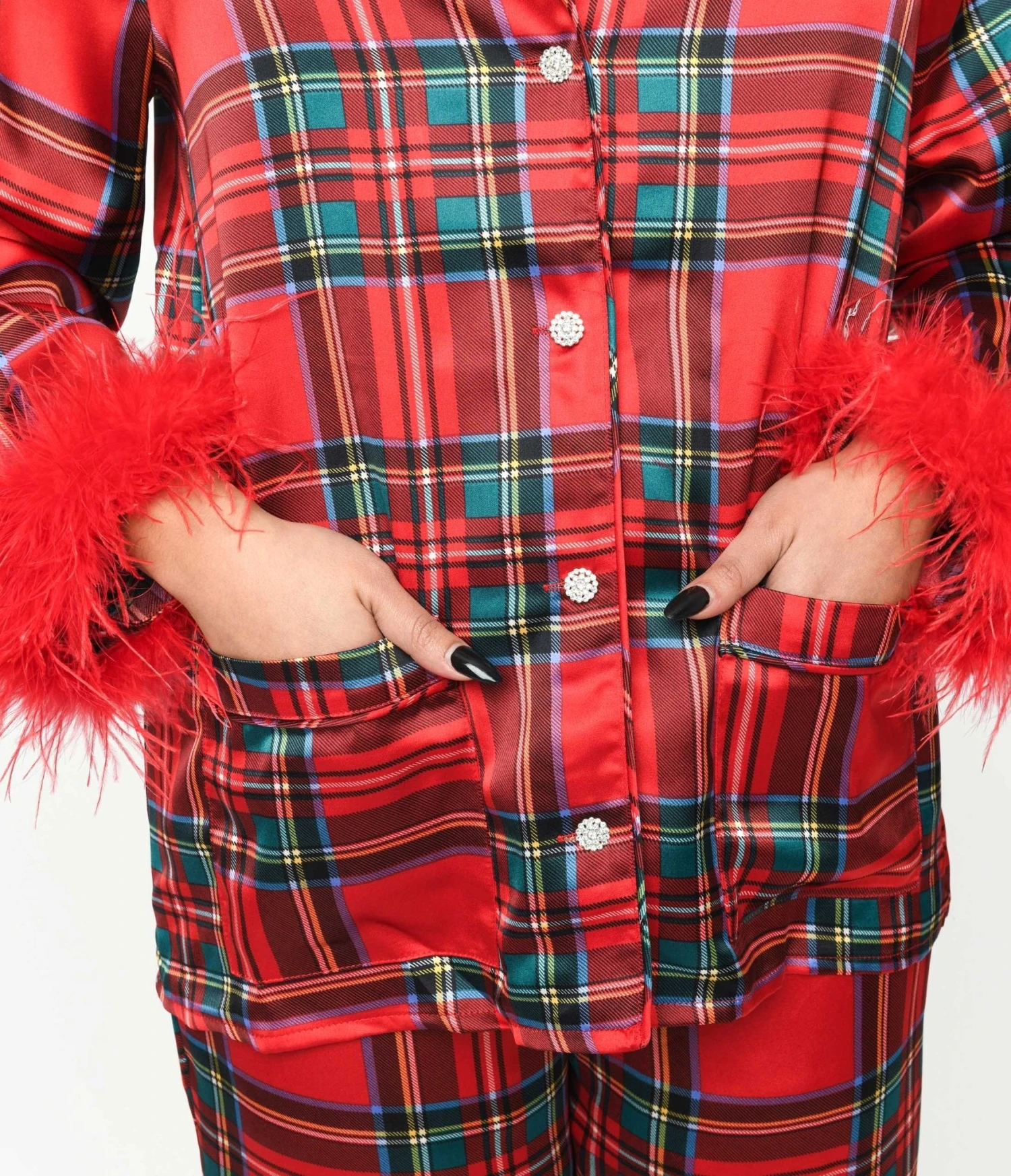 Red Tartan & Feather Trim Pajama Set 2 Red Tartan & Feather Trim Pajama Set - Image 2