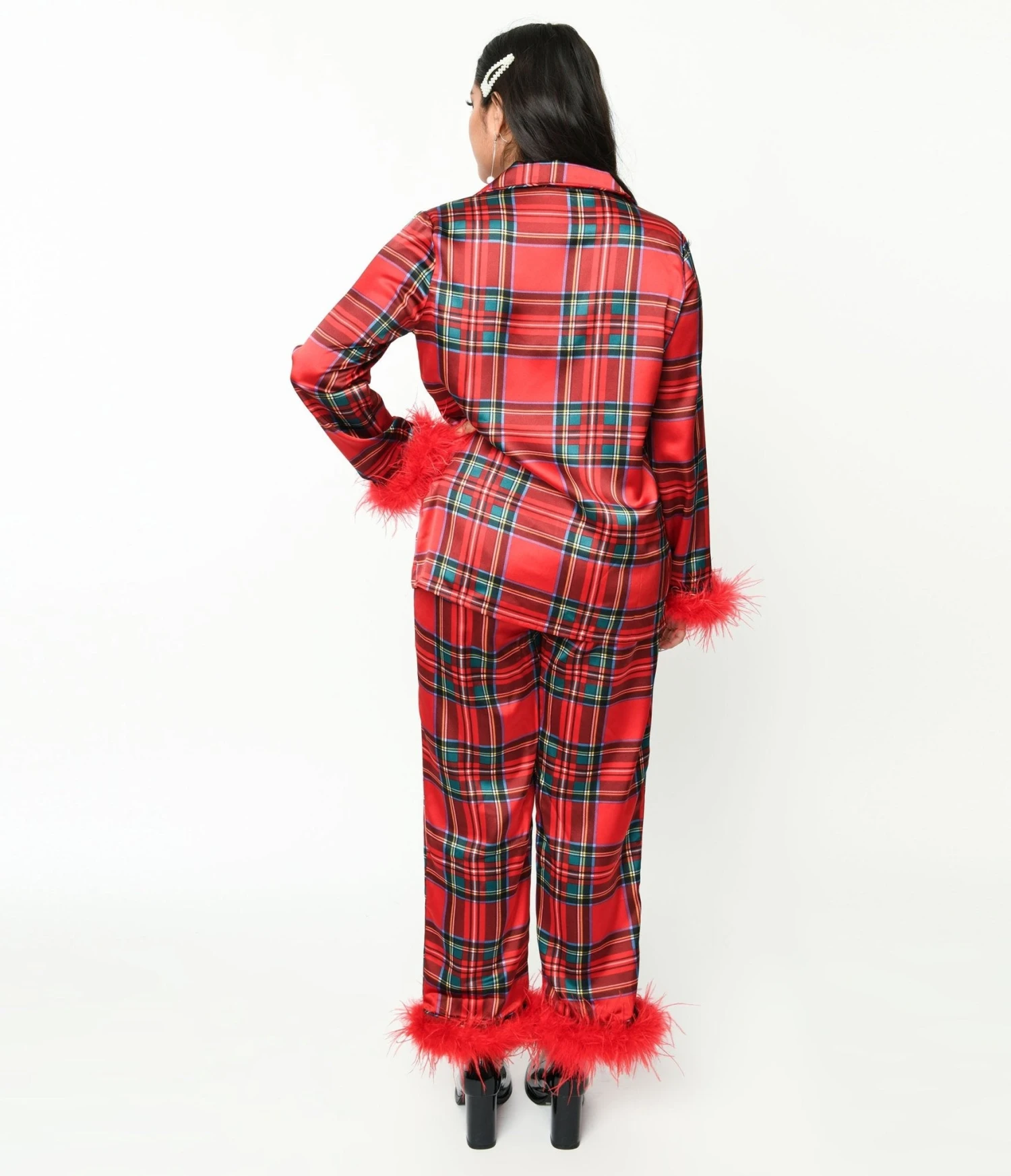 Red Tartan & Feather Trim Pajama Set 3 Red Tartan & Feather Trim Pajama Set - Image 3