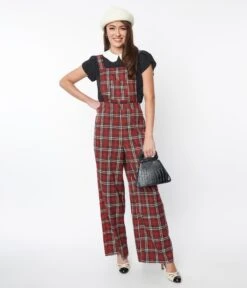 Red & White Winter Plaid Pinafore Jumpsuit -New Dress Store red white winter plaid pinafore jumpsuit 169112