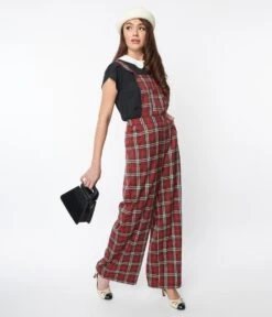 Red & White Winter Plaid Pinafore Jumpsuit -New Dress Store red white winter plaid pinafore jumpsuit 305474