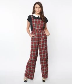 Red & White Winter Plaid Pinafore Jumpsuit -New Dress Store red white winter plaid pinafore jumpsuit 736648