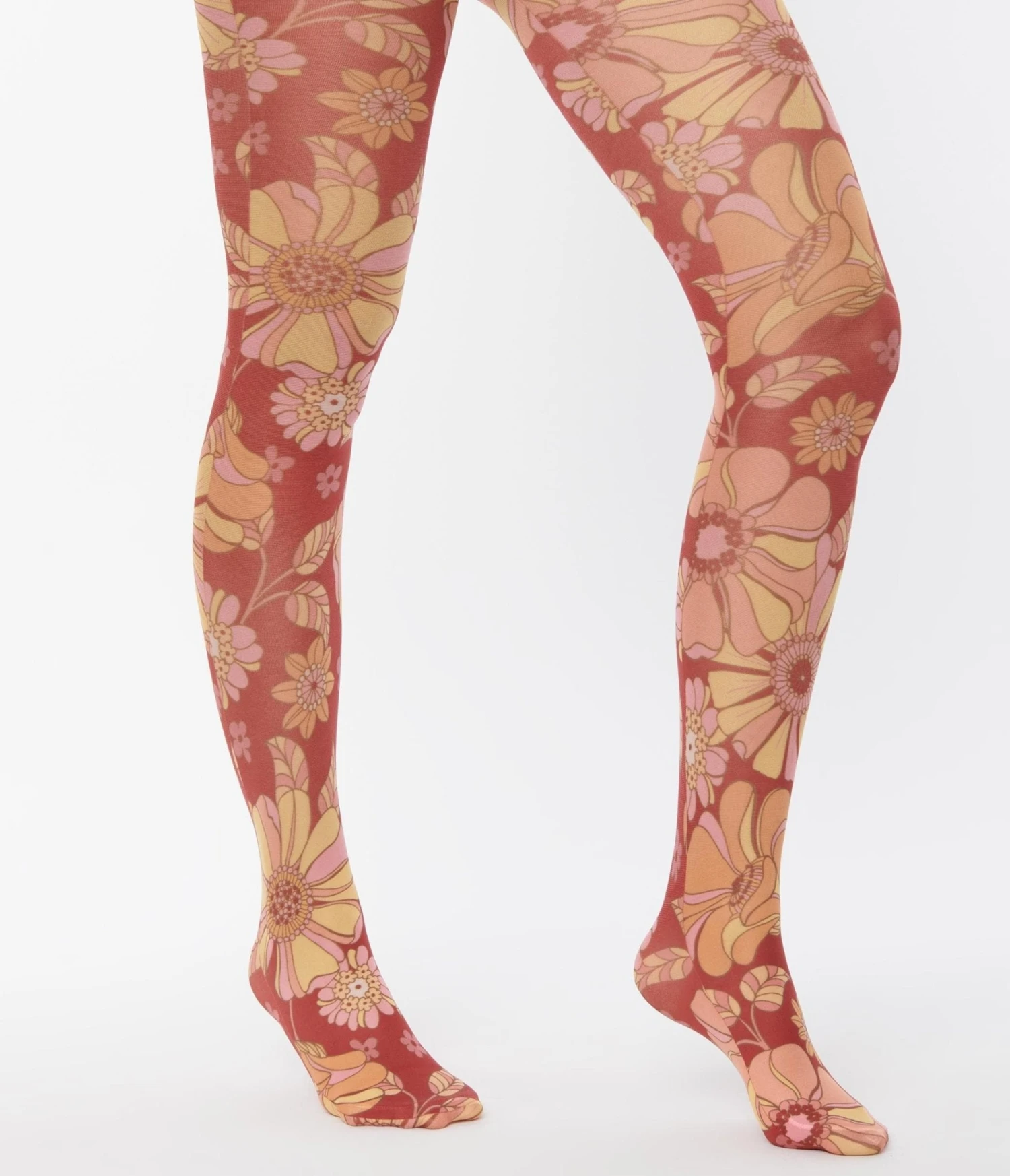 Retro Auburn Floral Print Tights 2 Retro Auburn Floral Print Tights - Image 2