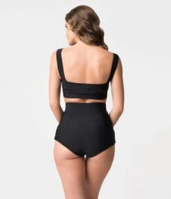 Retro Style Black Gathered High Waist Skirted Swim Bottoms -New Dress Store retro style black gathered high waist skirted swim bottoms 545865