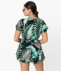 Retro Style Green & Black Palm Print Tropical Skort -New Dress Store retro style green black palm print tropical skort 750895