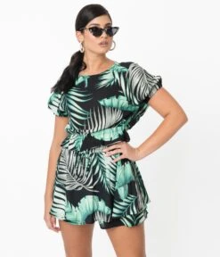 Retro Style Green & Black Palm Print Tropical Skort -New Dress Store retro style green black palm print tropical skort 977468