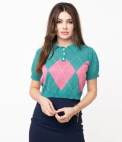Retro Style Teal & Pink Argyle Sweater Crop Knit 10 Retro Style Teal & Pink Argyle Sweater Crop Knit -New Dress Store retro style teal pink argyle sweater crop knit 147522