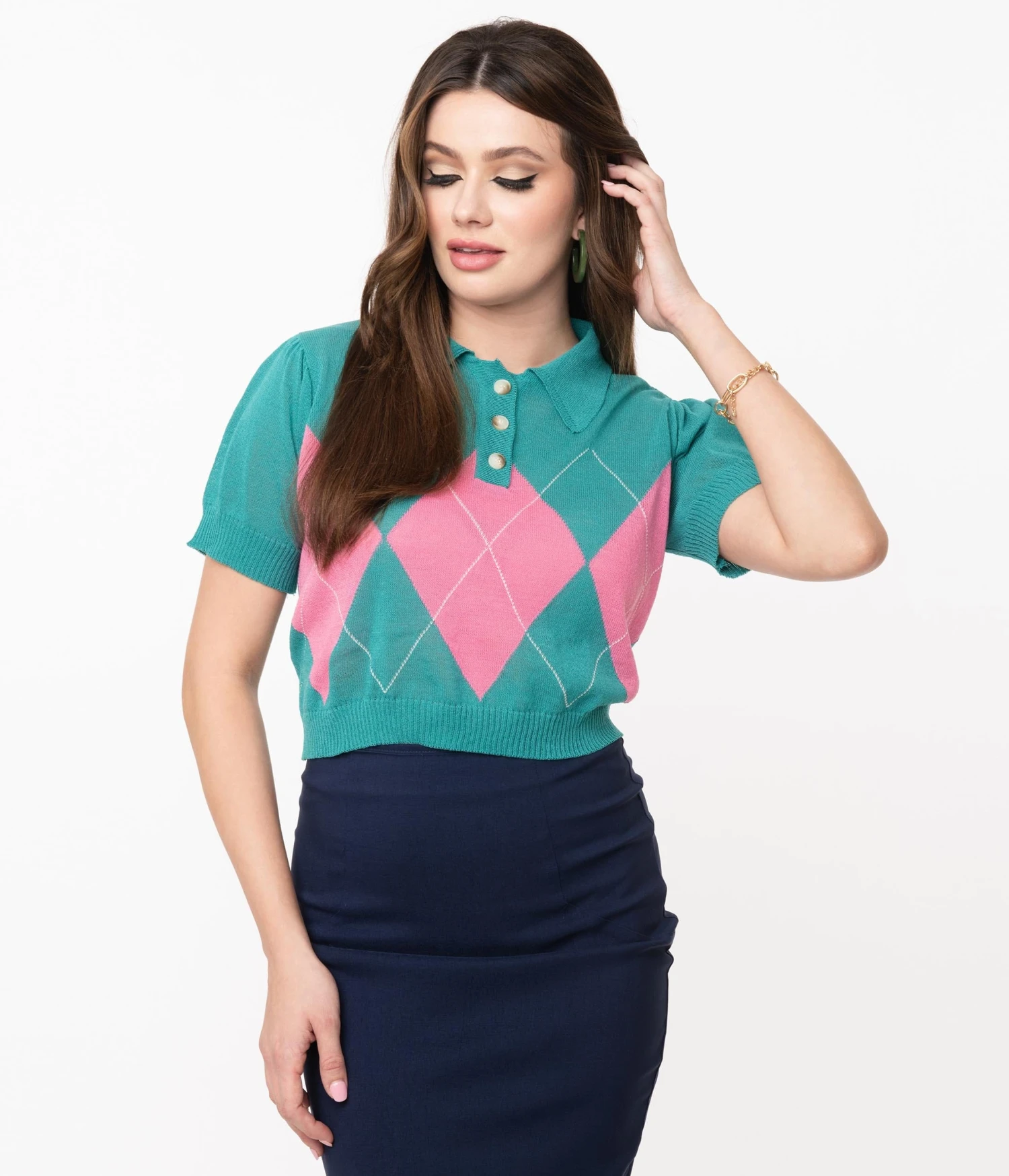 Retro Style Teal & Pink Argyle Sweater Crop Knit 4 Retro Style Teal & Pink Argyle Sweater Crop Knit - Image 4