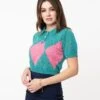 Retro Style Teal & Pink Argyle Sweater Crop Knit