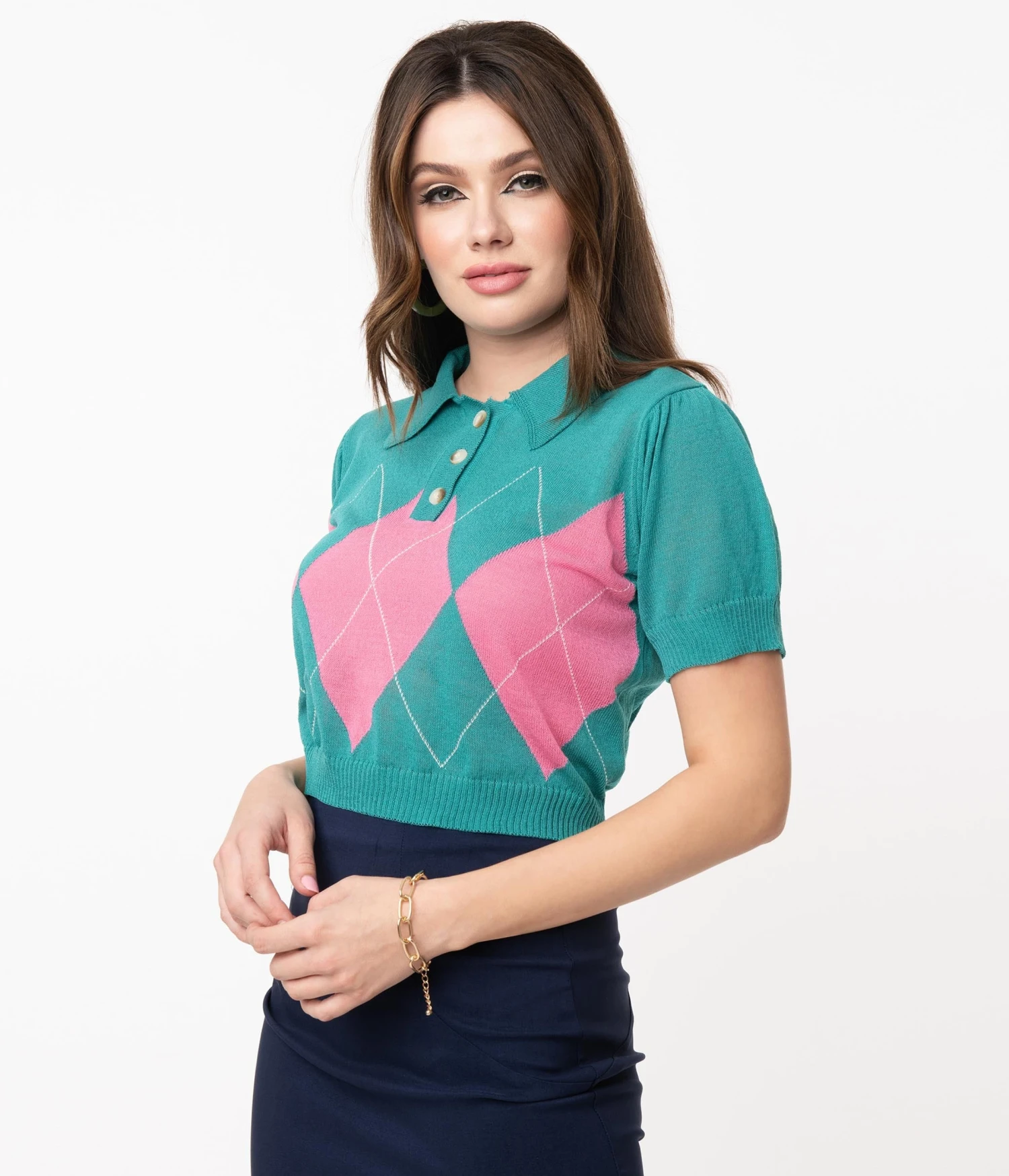 Retro Style Teal & Pink Argyle Sweater Crop Knit 1 Retro Style Teal & Pink Argyle Sweater Crop Knit