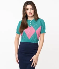 Retro Style Teal & Pink Argyle Sweater Crop Knit 8 Retro Style Teal & Pink Argyle Sweater Crop Knit -New Dress Store retro style teal pink argyle sweater crop knit 900308