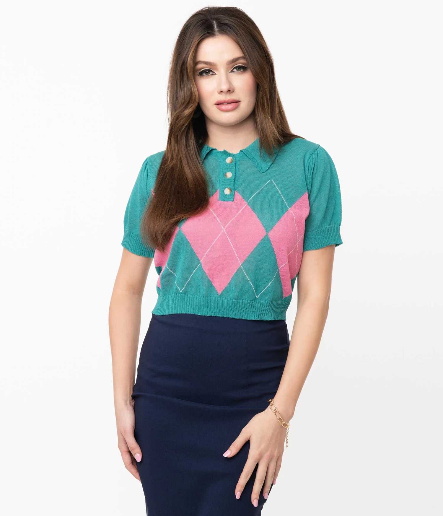 Retro Style Teal & Pink Argyle Sweater Crop Knit 3 Retro Style Teal & Pink Argyle Sweater Crop Knit - Image 3