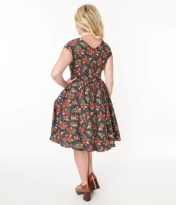 Retrolicious Brown & Holiday Florals Greta Swing Dress -New Dress Store retrolicious brown holiday florals greta swing dress 904927