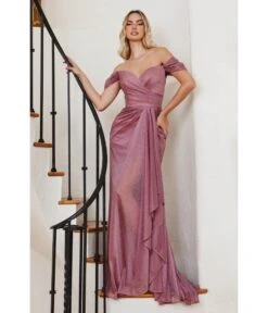 Cinderella Divine Rose Glitter Draped Off The Shoulder Prom Dress