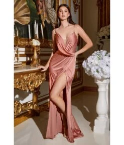Cinderella Divine Rose Gold Satin Illusion Neck Homecoming Gown