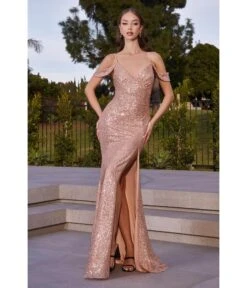 Cinderella Divine Rose Gold Sequin Cold Shoulder Bridesmaid Gown