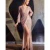 Cinderella Divine Rose Gold Sequin Long Sleeve Slit Evening Gown