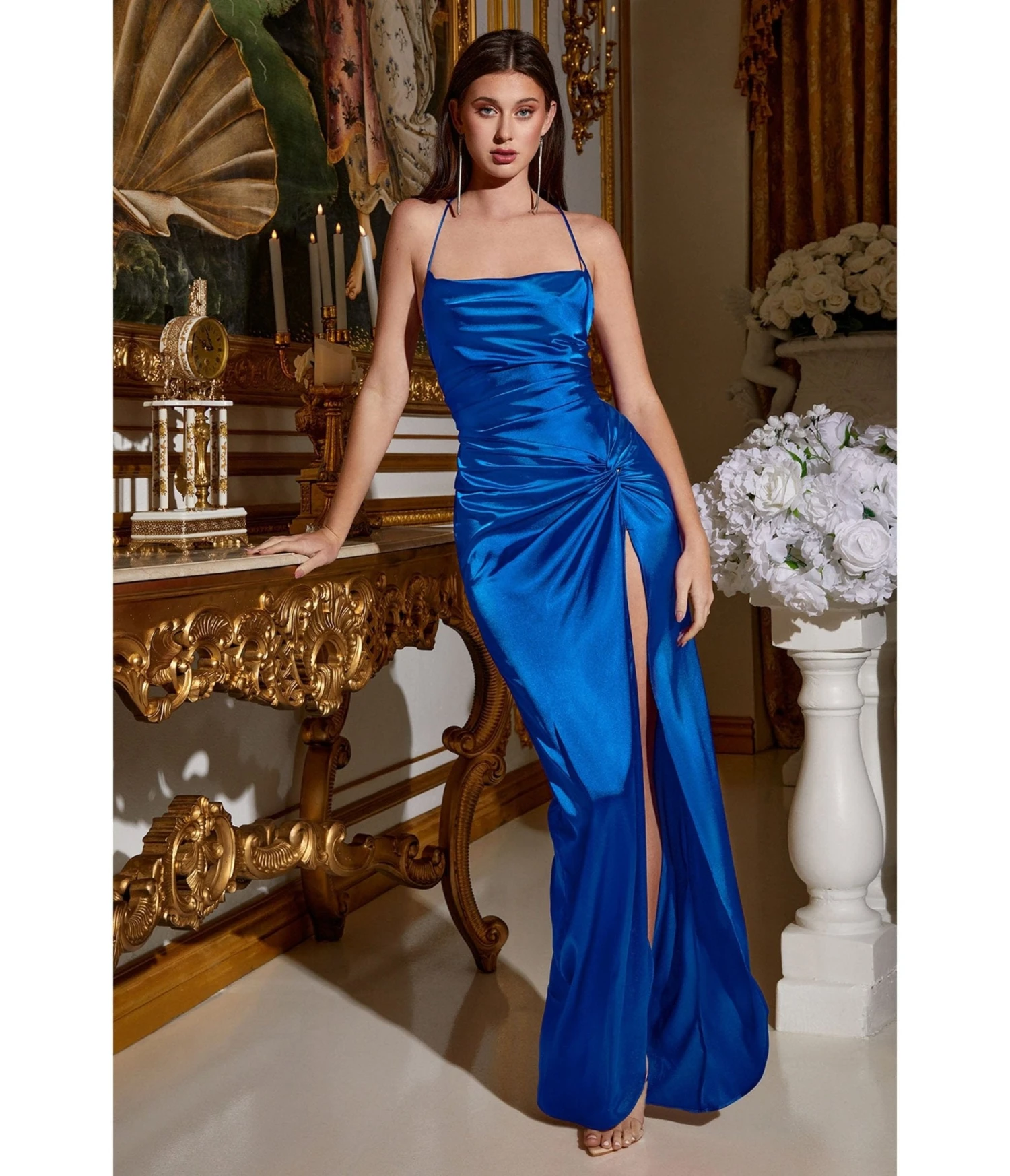 Cinderella Divine Royal Blue Draped Satin Slit Bridesmaid Dress 1 Cinderella Divine Royal Blue Draped Satin Slit Bridesmaid Dress