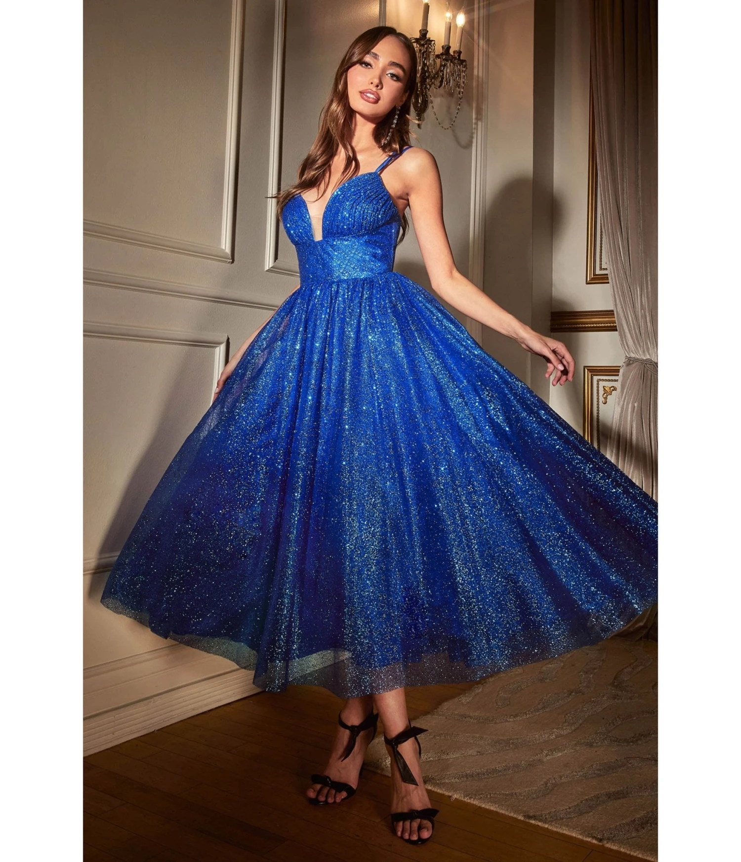 Cinderella Divine Royal Blue Glitter Sleeveless Tea Length Ball Gown 3 Cinderella Divine Royal Blue Glitter Sleeveless Tea Length Ball Gown - Image 3