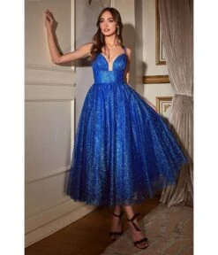 Cinderella Divine Royal Blue Glitter Sleeveless Tea Length Ball Gown