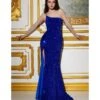 Cinderella Divine Royal Blue One Shoulder Velvet Sequin Bridesmaid Gown