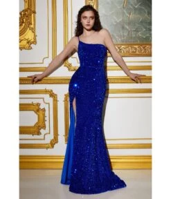 Cinderella Divine Royal Blue One Shoulder Velvet Sequin Bridesmaid Gown