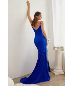 Cinderella Divine Royal Blue Ruched Satin Slit Prom Gown