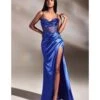 Cinderella Divine Royal Blue Satin Beaded Draped Corset Prom Dress