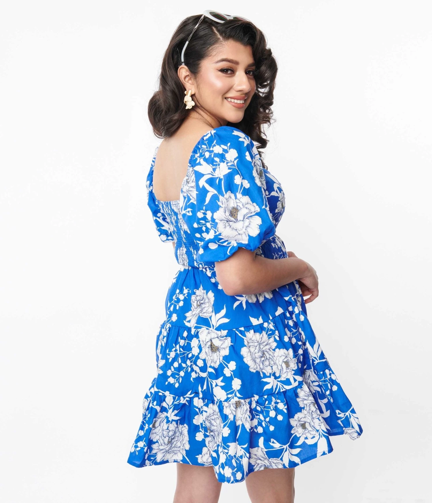 Royal Blue & White Floral Puff Sleeve Flare Dress 3 Royal Blue & White Floral Puff Sleeve Flare Dress - Image 3